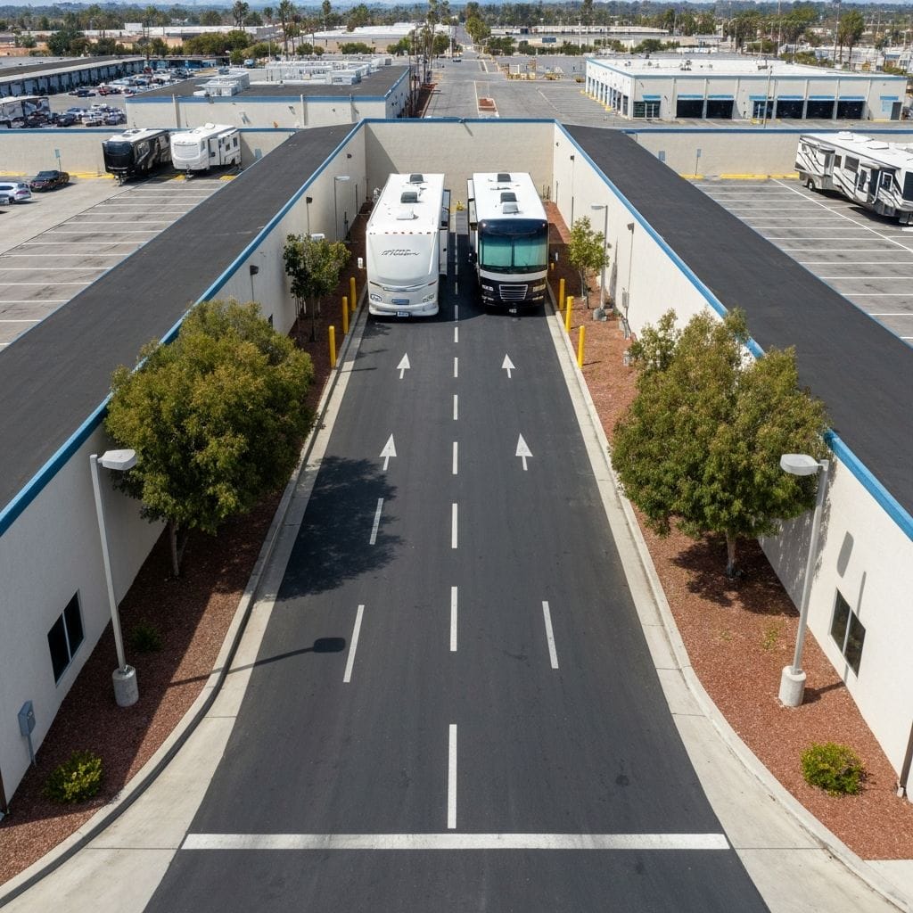 Wide driveway accommodating large RVs at the dump station