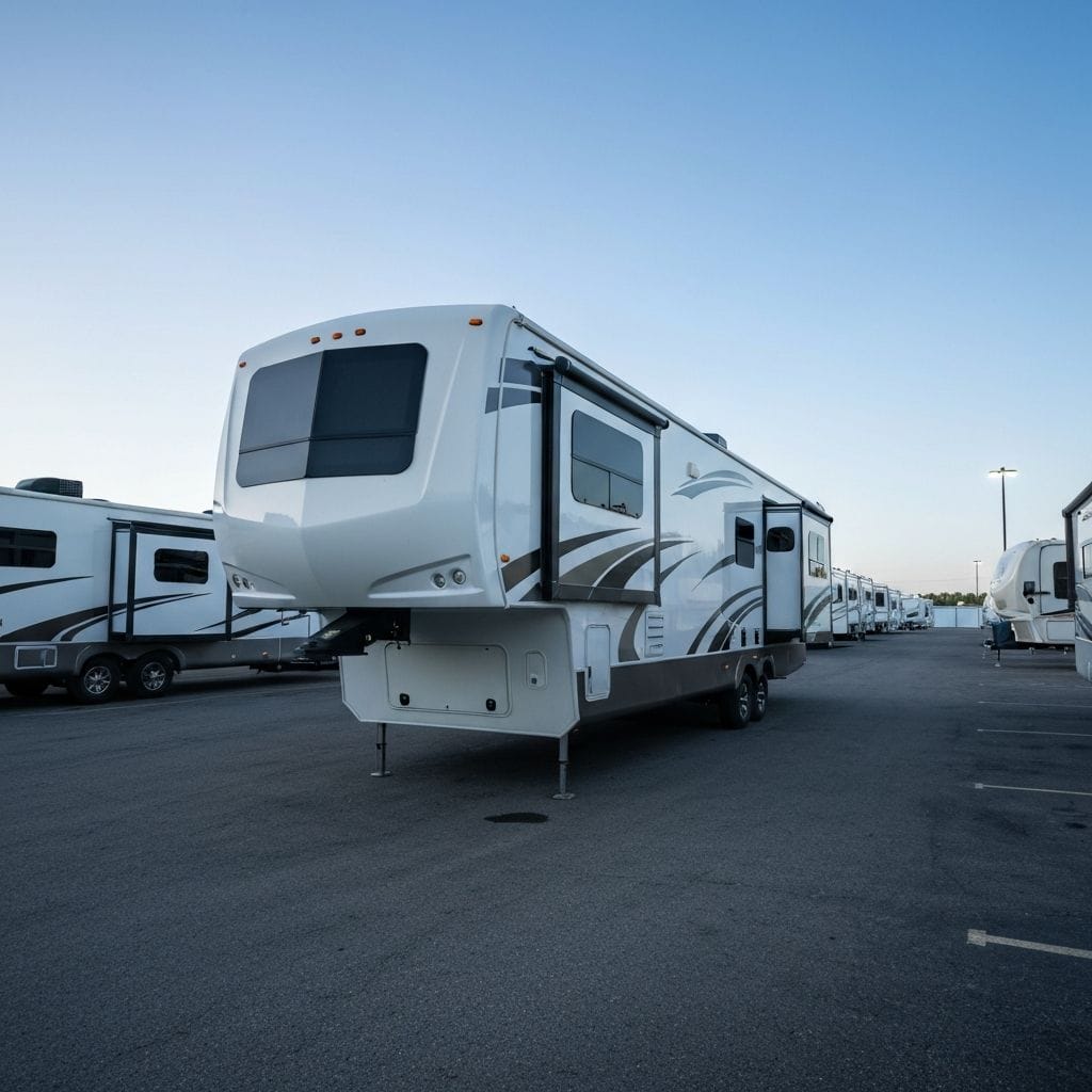 Fifth wheel RV showing scale and dimensions in storage