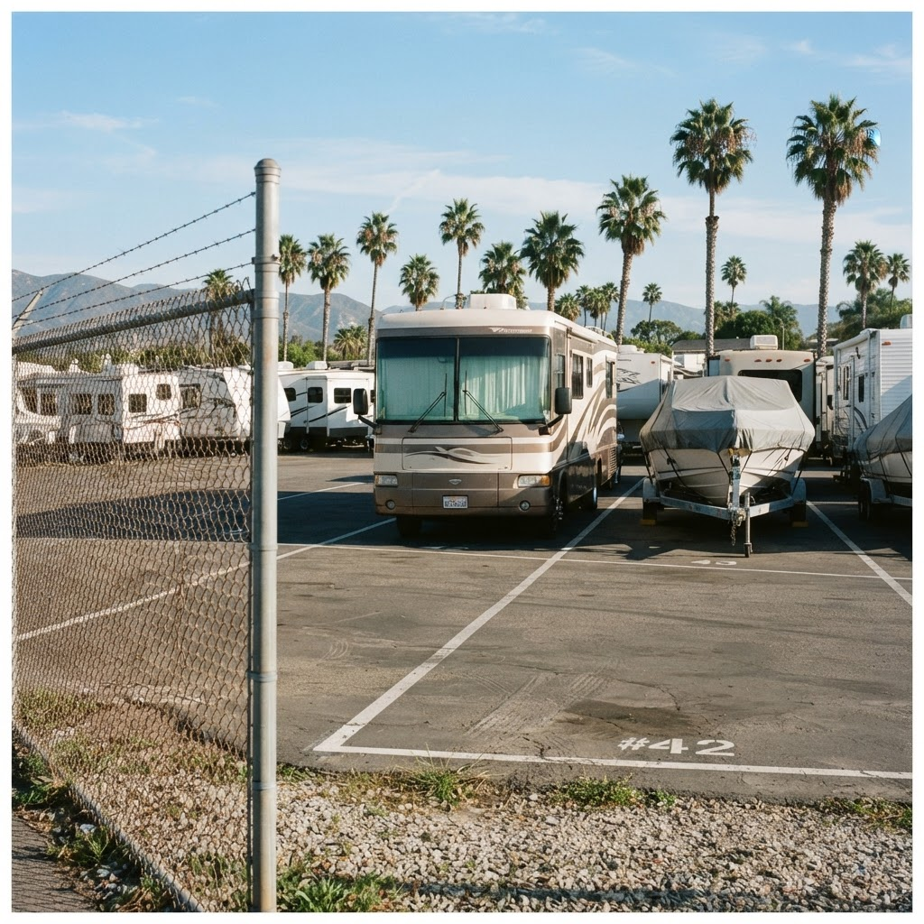 A motorhome and a covered boat on a trailer parked in a secured private storage lot behind a security fence in Long Beach, California.